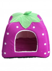 Foldable Strawberry Pattern Soft Pet House With Cushion Purple/Green/White L