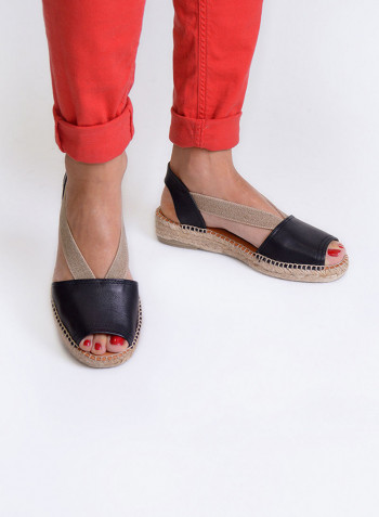 Etna Leather Elastic Strap Flat Espadrille Black