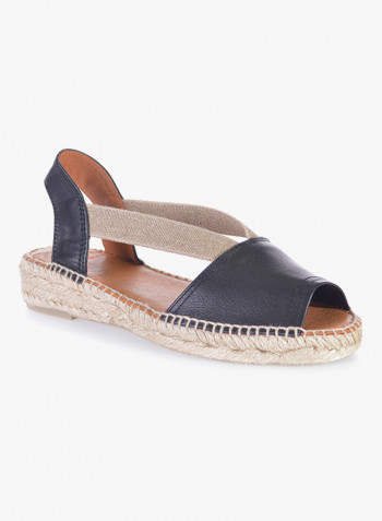 Etna Leather Elastic Strap Flat Espadrille Black