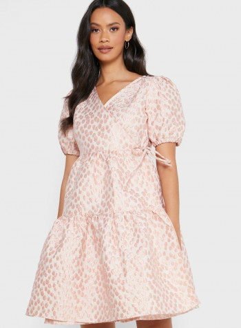 Stylish Puff Sleeve Wrap Dress Pink