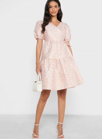 Stylish Puff Sleeve Wrap Dress Pink