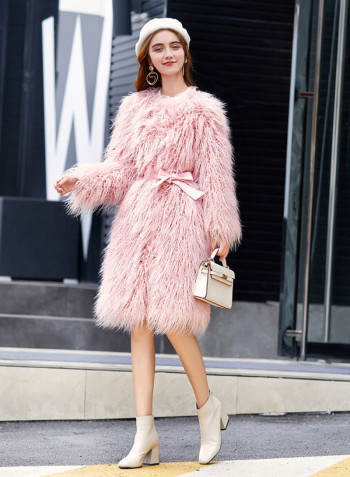 Synthetic Fur Long Sleeve Coat Pink