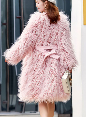 Synthetic Fur Long Sleeve Coat Pink