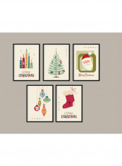 5-Piece Merry Christmas Printed Wall Poster With Frame Green/Red/Yellow 21x30cm