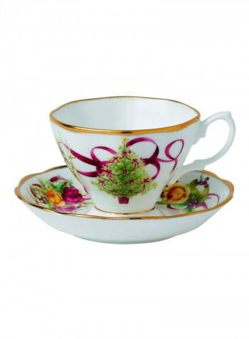 Printed Teacup And Saucer Set White/Green/Pink 3.8x4.5x2.8inch