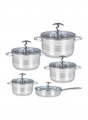 10 -Piece Stainless Steel Casserole Set Silver Casserole With Clear Glass Lid - 20, Casserole With Clear Glass Lid - 24, Casserole With Clear Glass Lid - 28, Casserole With Clear Glass Lid - 32, Shallow Casserole With Clear Glass Lid - 28cm