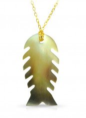 18 Karat Gold Fishbone Shape Mother Of Pearl Pendant Necklace