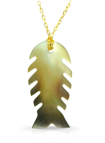 18 Karat Gold Fishbone Shape Mother Of Pearl Pendant Necklace