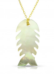 18 Karat Gold Fishbone Shape Mother Of Pearl Pendant Necklace