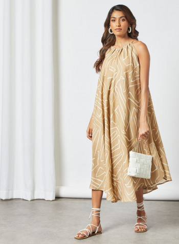 Contrast Print Dress Beige