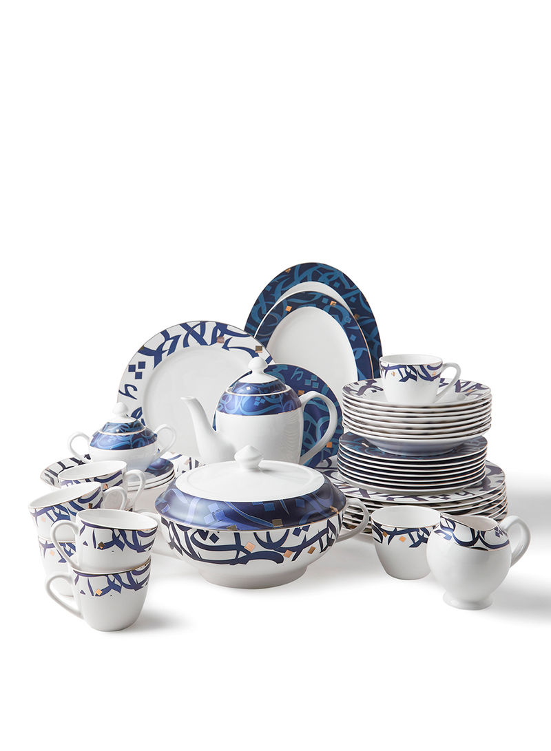 New Bone China Dinner Set, Plates, Mugs, Bowls, Cups, Saucers, Serves 8, Arabian Blues 50-Piece