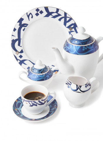 New Bone China Dinner Set, Plates, Mugs, Bowls, Cups, Saucers, Serves 8, Arabian Blues 50-Piece