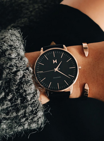 Women's Leather Analog Wrist Watch CBX-SMRG With Rose Gold Cuff Bracelet