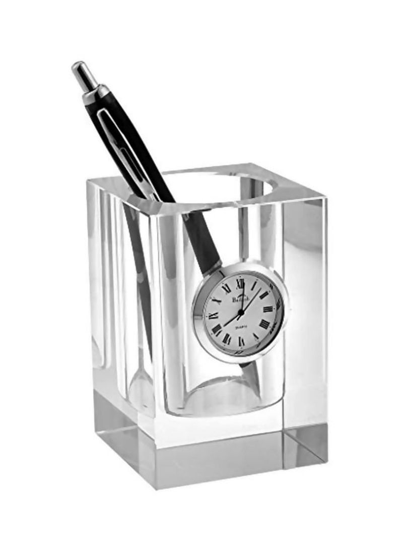 Pencil Holder With Clock Clear/Silver/Black 4inch