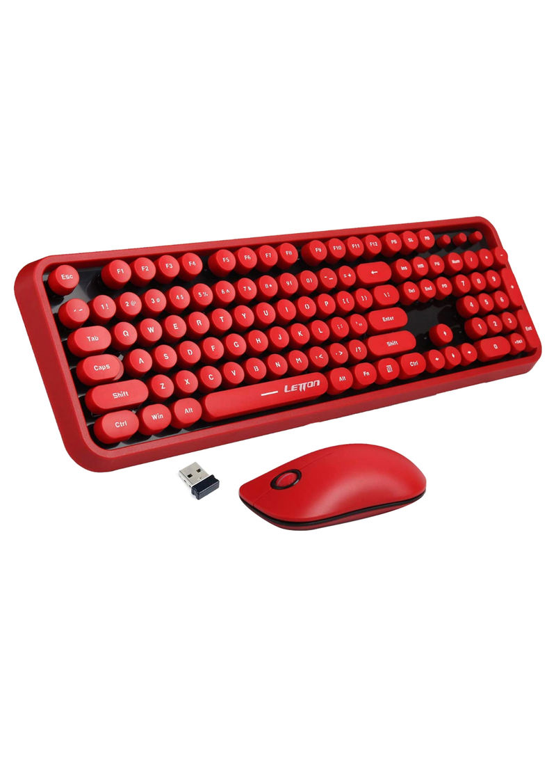 Wireless Round Keycaps Retro Style Keyboard With Mouse And USB Receiver Red/Black