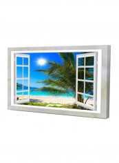 Window Open To Beach With Palm Extra Large Seashore Canvas Wall Art Multicolour 32 x 16inch