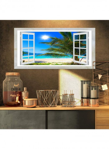 Window Open To Beach With Palm Extra Large Seashore Canvas Wall Art Multicolour 32 x 16inch