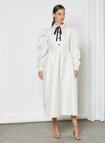 Puffed Sleeve Jacquard Dress White