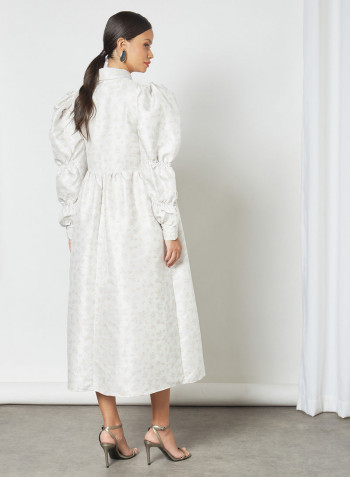 Puffed Sleeve Jacquard Dress White