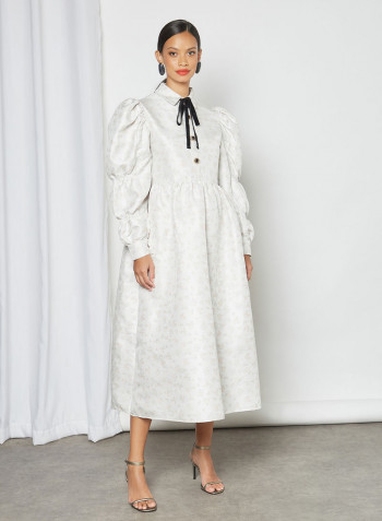 Puffed Sleeve Jacquard Dress White