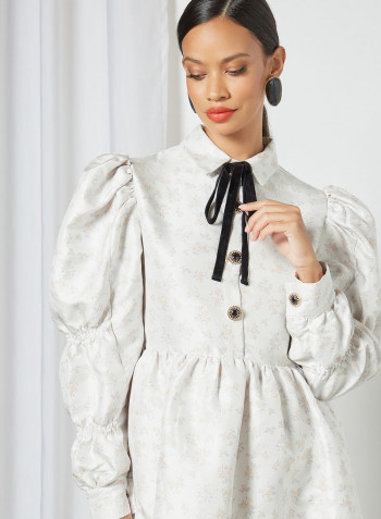 Puffed Sleeve Jacquard Dress White