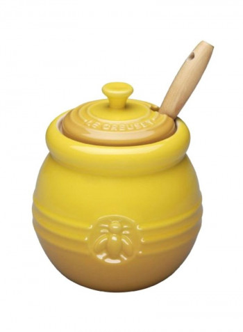 Stoneware Honey Pot With Dipper Yellow/Beige 5x4x5inch