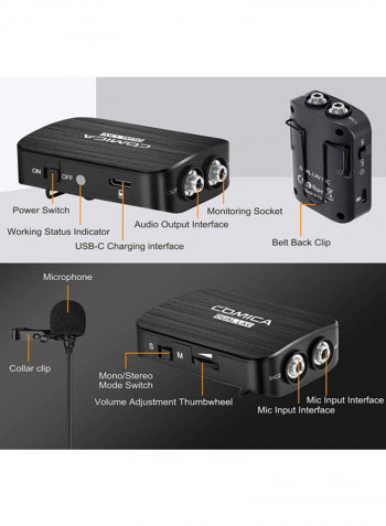 Dual Head Lavalier Lapel Microphone Clip On Condensor Mic Black