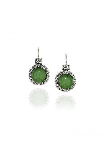 925 Sterling Silver Aventurine Studded Antique Floral Design Earrings