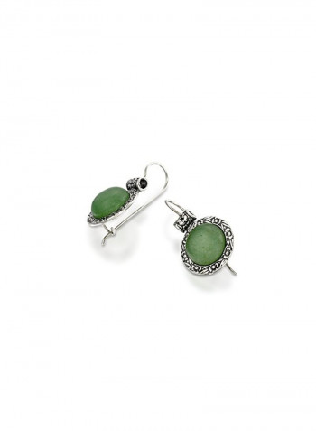 925 Sterling Silver Aventurine Studded Antique Floral Design Earrings