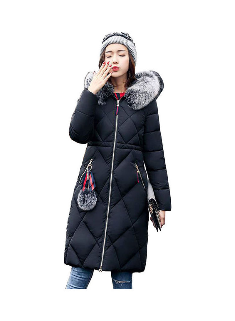 Cotton Long Furry Collar Overcoat black