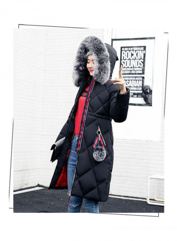 Cotton Long Furry Collar Overcoat black