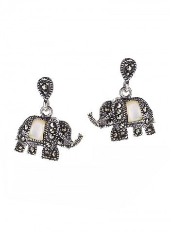 925 Sterling Silver Marcasite Style Stud Earrings With Mother Of Pearl And Iron Pyrite