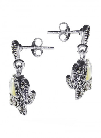 925 Sterling Silver Marcasite Style Stud Earrings With Mother Of Pearl And Iron Pyrite