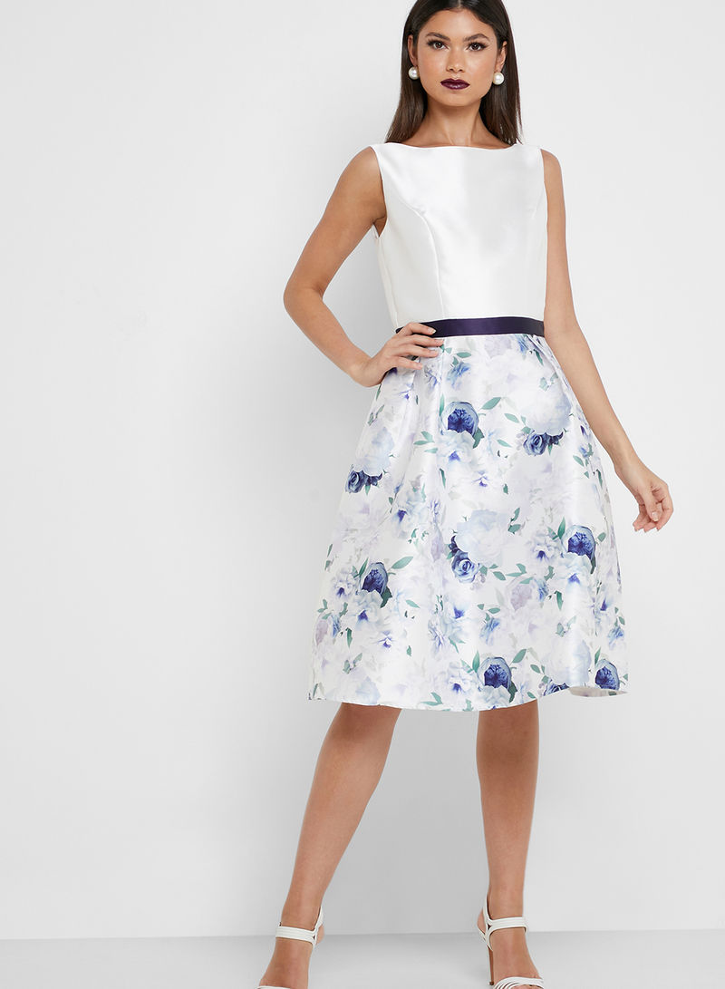 Contrasting Waist Floral Print Dress Multicolour