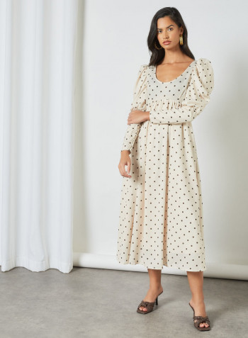 All-Over Dot Print Dress Cream