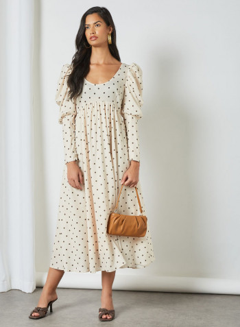 All-Over Dot Print Dress Cream