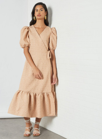Textured Wrap Dress Beige