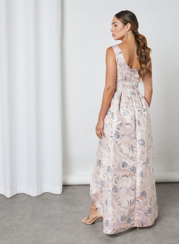 Floral Jacquard Dip Hem Dress Pink