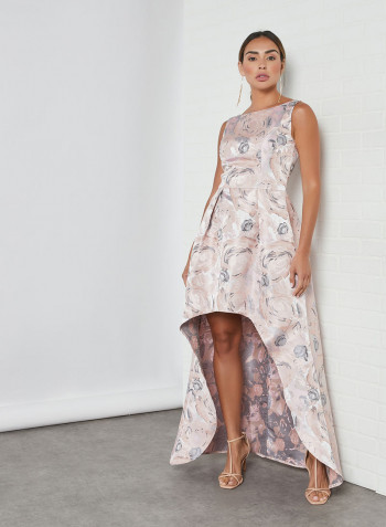 Floral Jacquard Dip Hem Dress Pink