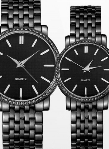2-Piece Stainless Steel Folding Buckle Analog Watch Set 8146