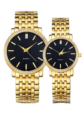 2-Piece Stainless Steel Folding Buckle Analog Watch Set 8147
