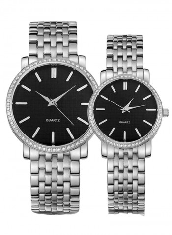 2-Piece Stainless Steel Folding Buckle Analog Watch Set 8148