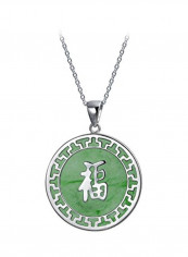 925 Sterling Silver Jade Studded Chinese Fortune Designed Pendant Necklace