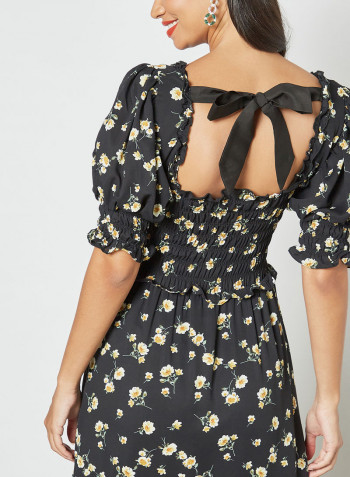 Shirred Floral Dress Black