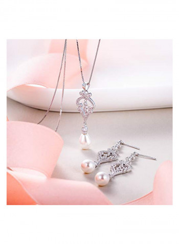 925 Sterling Silver Cubic Zirconia And Simulated Pearl Studded Jewelry Set