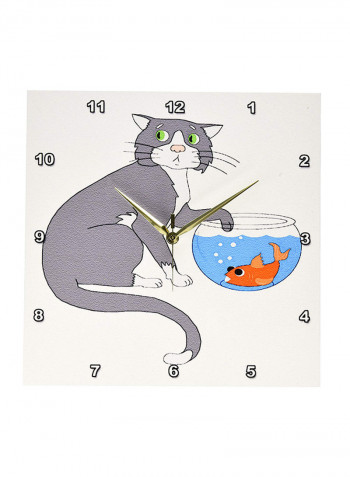Cat And Fish Bowl Printed Wall Clock Multicolour 13 x 13inch