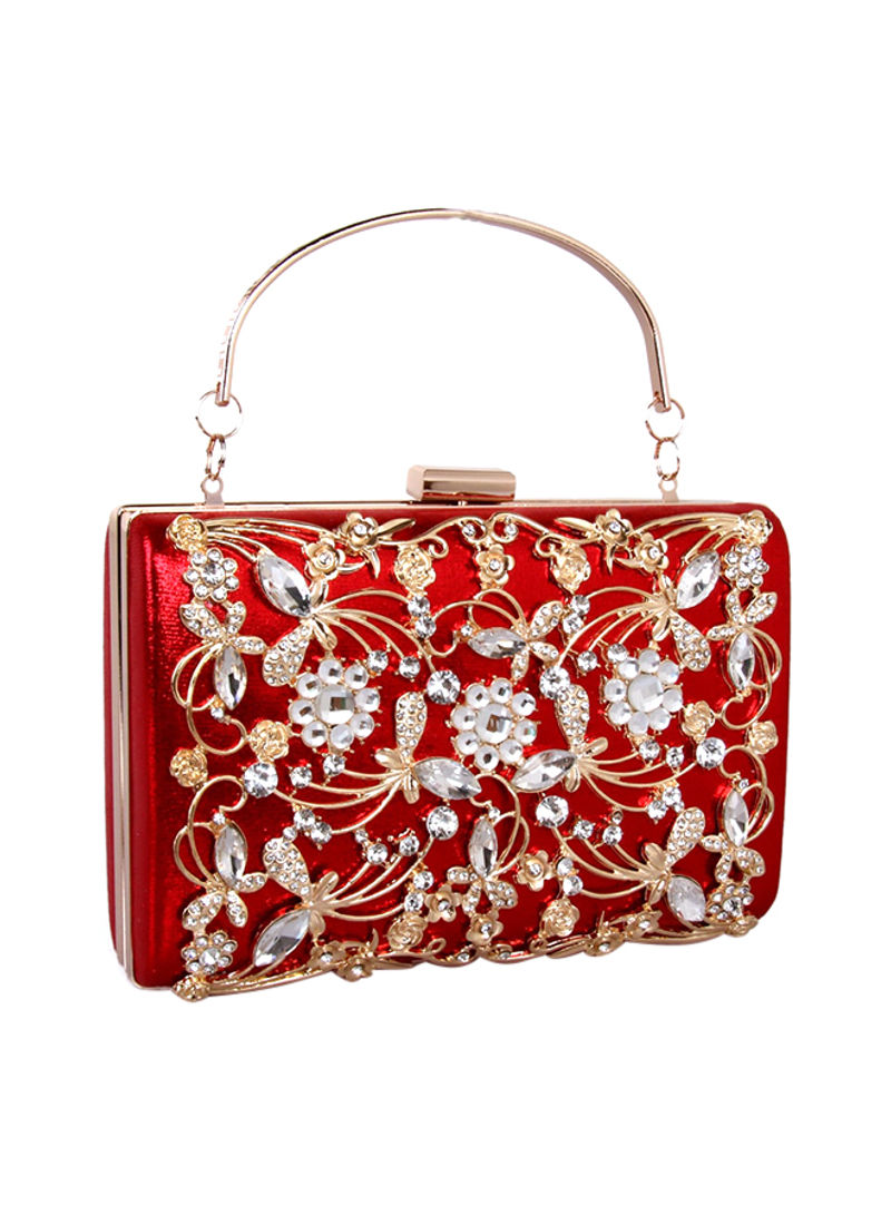 Stylish Hollow Out Rhinestone Metallic Evening Party Bag Red