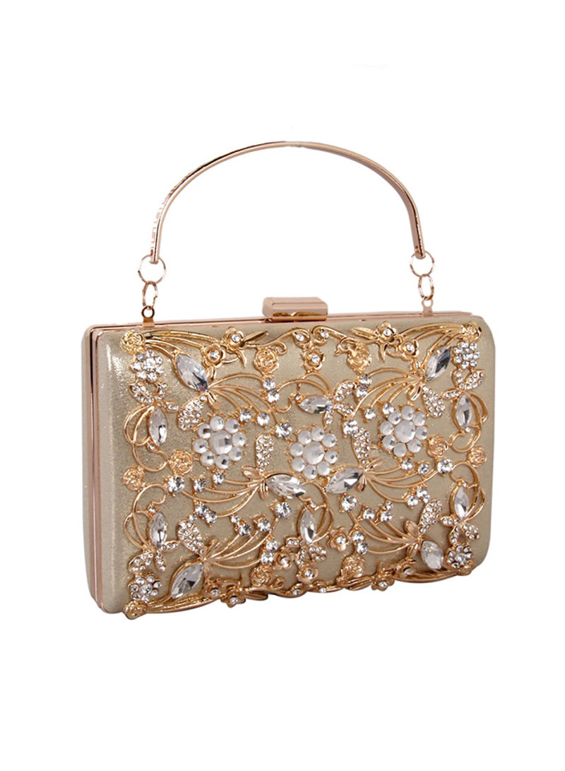 Stylish Hollow Out Rhinestone Metallic Evening Party Bag Gold