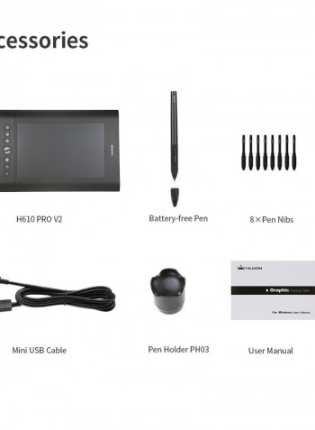 H610 PRO V2 Digital Handwriting Drawing Board with Battery-free Pen 35.3 * 24.5 * 1cm Black