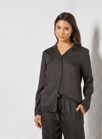 Jane Scalloped Trim Pyjama Shirt أسود